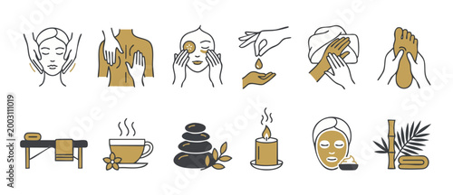 Spa Icons Set Flat Line Style for Wellness Beauty Treatment and Massage Therapy Procedures, Vector Illustration of Skincare Relaxation Concept with Stones Candles Bamboo and Essential Oil Elements