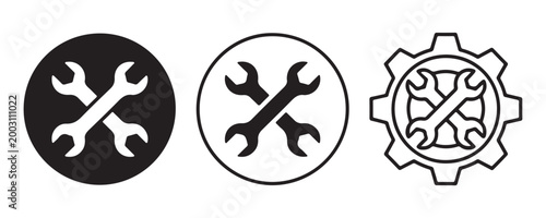 Set of wrench and gear icons, flat and outline style with crossed wrenches and gear with spanners on transparent background.