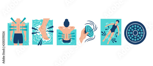 Hydrotherapy massage water jets, spa body treatment icons, pool therapy equipment and person relaxing in water, wellness vector illustration set for physical rehabilitation and hydro massage relaxatio