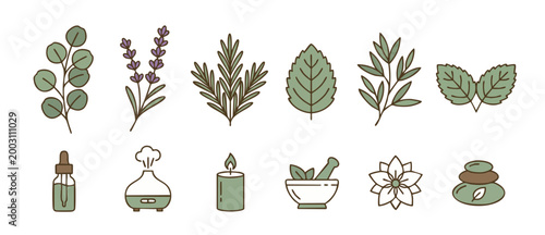 Aromatherapy Herbs and Wellness Icons Set, Essential Oil Diffuser and Spa Elements for Holistic Health, Organic Botanical Leaves and Natural Healing Objects for Relaxation Design, Flat Vector Illustra