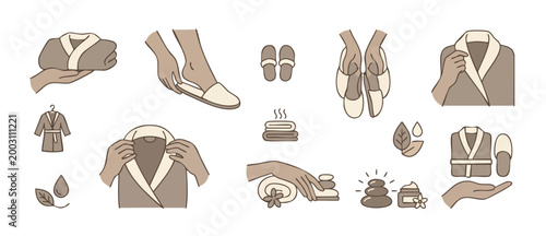 Spa bath robe and slippers icon set featuring hands putting on comfortable loungewear, relaxing stone massage, and wellness beauty accessories for hotel hospitality, skincare self-care, and relaxation