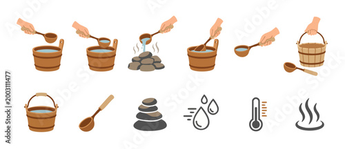 Sauna Wooden Bucket Ladle Icons Set, Pouring Water on Hot Stones for Steam Wellness Therapy. Traditional Spa Accessories and Heat Measurement Symbols for Health Relaxation and Detox Treatment Illustra
