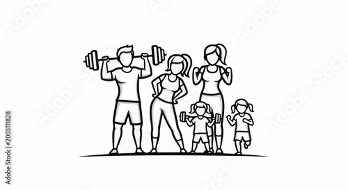 A family working out together with weights and fitness equipment