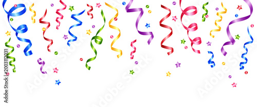 Vector colorful flying ribbons and confetti isolated on a transparent background. Festive decor elements.