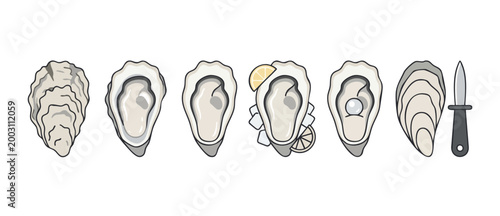 Fresh Oysters with Pearl and Shucking Knife Vector Illustration Set, Isolated Raw Seafood Icons for Restaurant Menu Design and Gastronomy Concept, Flat Minimalist Style Graphic Elements on White