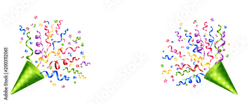 Vector exploding realistic party popper with colorful ribbons and confetti. Decor for invitation, greeting card, banner for anniversary or birthday.