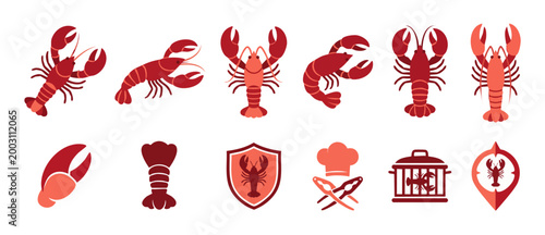 Lobster vector icons set, seafood collection with crustacean, claw, and chef hat symbols for restaurant branding, menu design, kitchen cooking tools, and nautical food graphics in flat minimalist styl