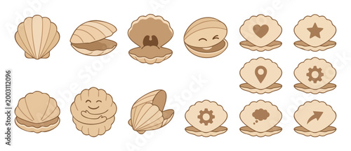 Seashell Icons Set with Cute Faces and Symbols for Design Projects, Clam Illustrations with Heart, Star, Settings and Location Map Pin Symbols, Cartoon Sea Life Collection in Flat Minimalist Style