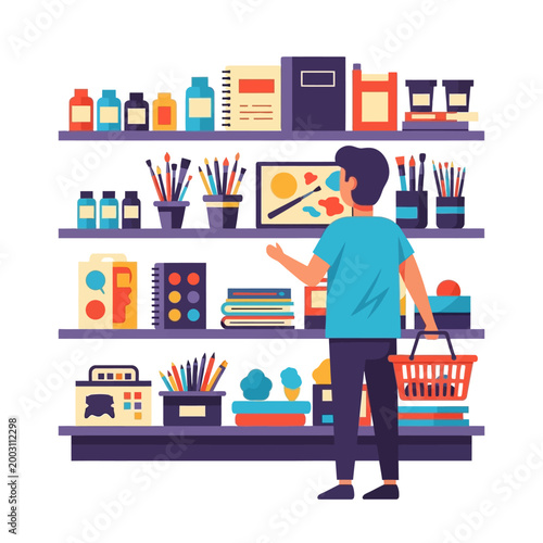 Artist choosing supplies from shelves in an art store, shopping basket in hand.