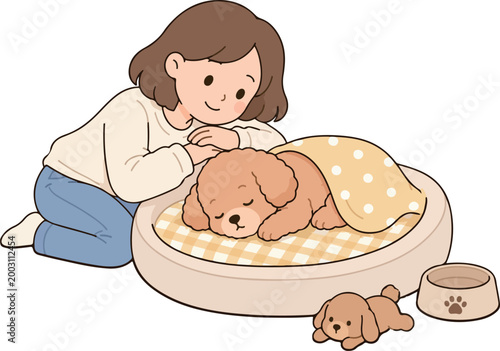 Sleeping dog with owner cute cartoon illustration pet rest and comfort concept