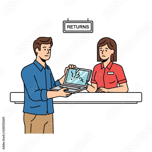 Customer Returns Broken Laptop to Store Clerk at Returns Desk