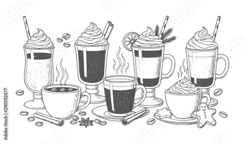 Hand drawn coffee drinks with whipped cream cinnamon and gingerbread cookies beverage