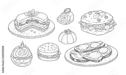 Hand drawn collection of sandwiches burgers and bread rolls food