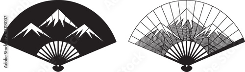 Elegant black and white folding fans with mountain and crane designs