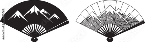 Elegant black and white folding fans with mountain silhouette and geometric design