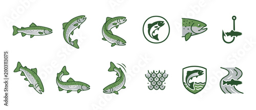 Trout Fish Icon Set Vector, Salmon Fishing Logo Elements and Wildlife Graphic Symbols for Sports, Outdoors, Restaurant, Culinary and River Conservation Branding and Design Projects in Green Color Pale