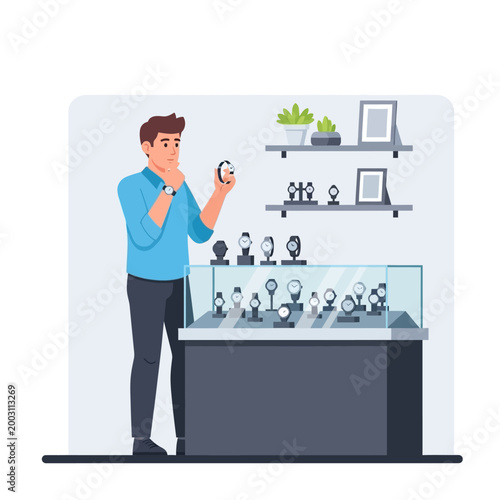 Man choosing a luxury watch from a display case in a jewelry store.