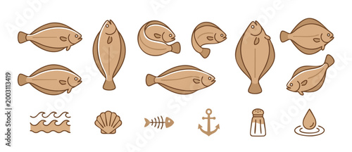 Flatfish Vector Icons Set, Fresh Flounder Seafood Collection with Nautical Elements for Menu Design, Minimalist Marine Line Art Illustrations of Fish, Shell, Anchor, and Cooking Seasoning Salt Shaker