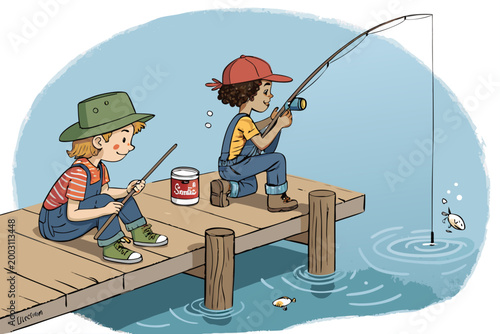 Adorable Fishing At Camp With Children Sitting On A D