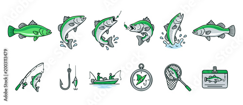 Fish Fishing Icons Set, Bass Catch Sport Activity Graphics, Vector Illustration Collection for Angler Gear, Bait Hook, Fishing Rod, Boat, Net, Compass Design Elements on White Background Isolated Logo