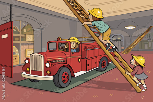 Fire Truck Climb With Children Climbing Onto
