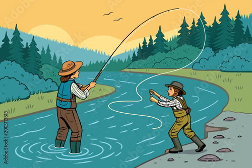 Fly Fishing Lesson With Children Standing In