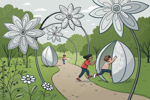 Garden Art Installation With Children Walkin