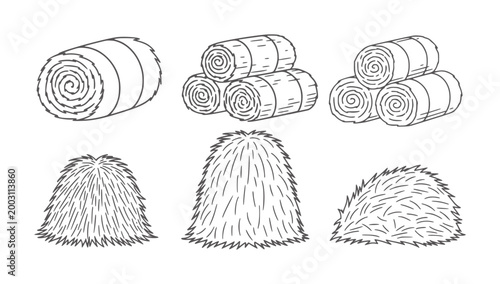 Six hand drawn of hay bales in various shapes and arrangements straw stack roll