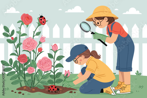 Garden Pest Hunt With Children Wearing Glove