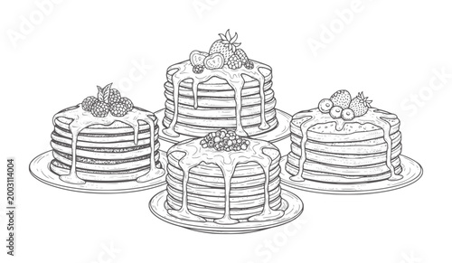 Stacked pancakes with berries and syrup food