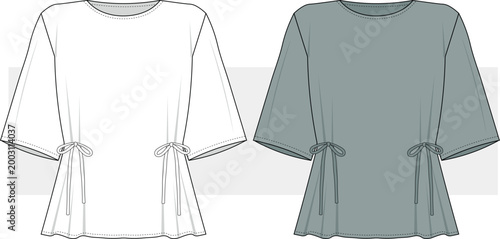 Women's side-tie tee shirt, blouse fashion technical drawing, illustration. Short sleeve t-shirt, top vector. Front and Back view. Cad, Mockup.