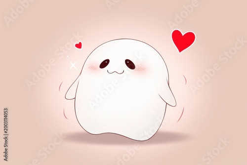 Happy cartoon ghost with glow and hearts on pink background