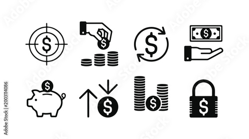 Finance and money symbols piggy bank target coin stack lock and growth arrows.