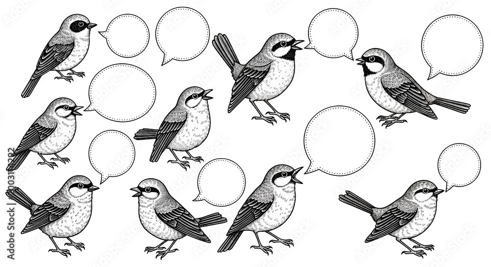 Fototapeta premium A group of small birds with speech bubbles are illustrated in a black and white style, suggesting conversation or communication among them.