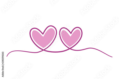 Two hearts, One line art. Love heart line drawing. Valentine's Day, Love, template, greeting cards and invitations. Vector illustration.Continuous one line.	