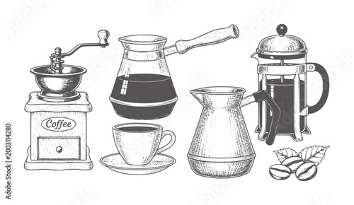 Vintage coffee grinder cezve french press cup and coffee beans