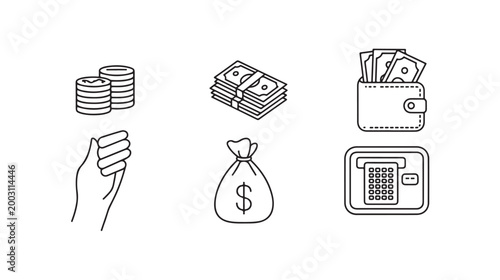 Line art finance set with coin stacks money bundles wallet and electronic vault security.