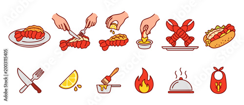 Lobster Food Icons Set, Seafood Cooking and Eating Process, Delicious Grilled Crustacean Dish Preparation, Vector Illustration Collection for Restaurant Menu Design, Culinary Service and Gourmet Dinne