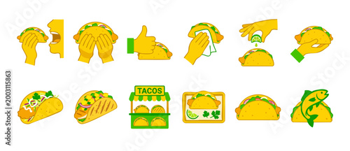 Taco icon set featuring street food hand gestures and meal preparation visuals. Vector illustration collection of delicious tacos, lime squeezing, eating and food stall graphics for menu or web design