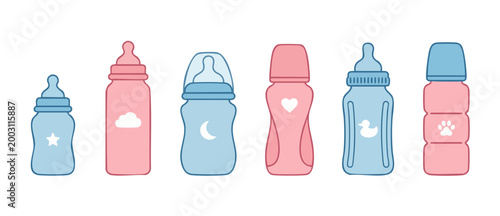 Baby Bottle Set Collection, Cute Milk Feeders Icons with Decorative Symbols, Vector Illustration of Pink and Blue Nursing Bottles for Newborn Feeding Accessories and Infant Care Essentials Design Elem