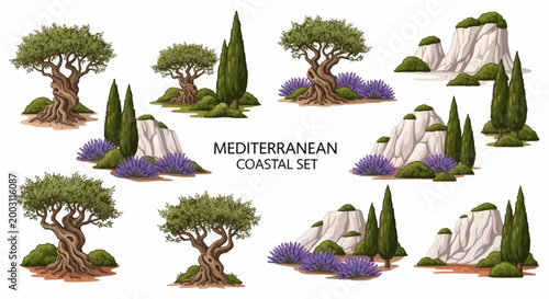 Foto A collection of isolated Mediterranean elements including twisted olive trees ta