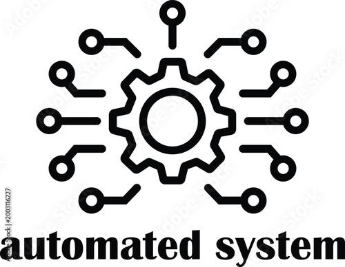Abstract digital automation concept symbol with a central gear and electronic circuit connections representing integrated systems