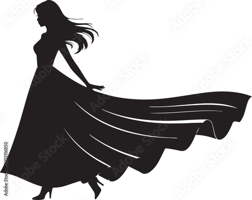  Silhouette of a woman in a long dress with a flowing train. Fashion and Beauty Illustration
