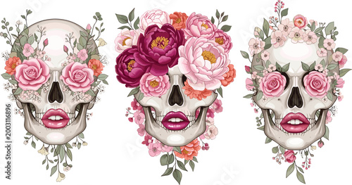 Elegant Floral Sugar Skull Collection with Pink and Purple Roses Peonies and Leaves Day of the Dead Gothic Feminine Beauty Vector Illustration Set