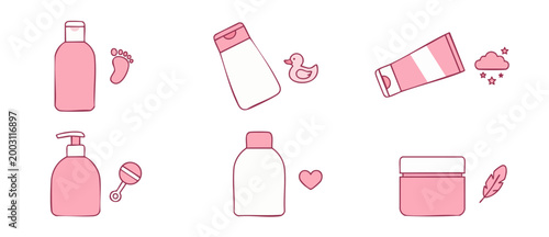 Baby Skin Care Products Collection Set with Cute Pink Icons and Baby Accessories for Bath Time and Daily Hygiene Routine, Minimalist Vector Illustration Design Elements for Parenting and Newborn Healt
