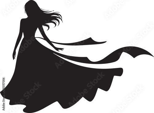  Silhouette of a woman in a long dress with a flowing train. Fashion and Beauty Illustration
