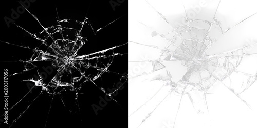 Konstfotografi Broken glass fragment on a transparent background showing patterns of cracks and