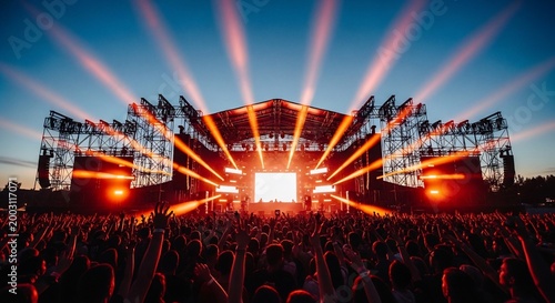 Vibrant Music Festival Stage with Dazzling Lights and Energetic Crowd at Sunset.
