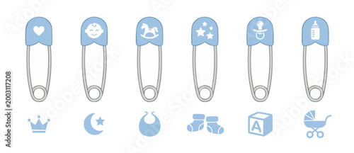Baby Safety Pins Set Blue Icons with Baby Shower Elements for Newborn Announcement and Nursery Decoration Design, Including Pacifier, Milk Bottle, Rocking Horse, Crown, Stroller and Baby Clothing Symb