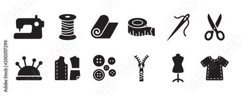 A collection of black silhouette icons depicting various sewing and tailoring tools, including a sewing machine, thread, fabric, tape measure, needle, scissors, pincushion, pattern, buttons, zipper.